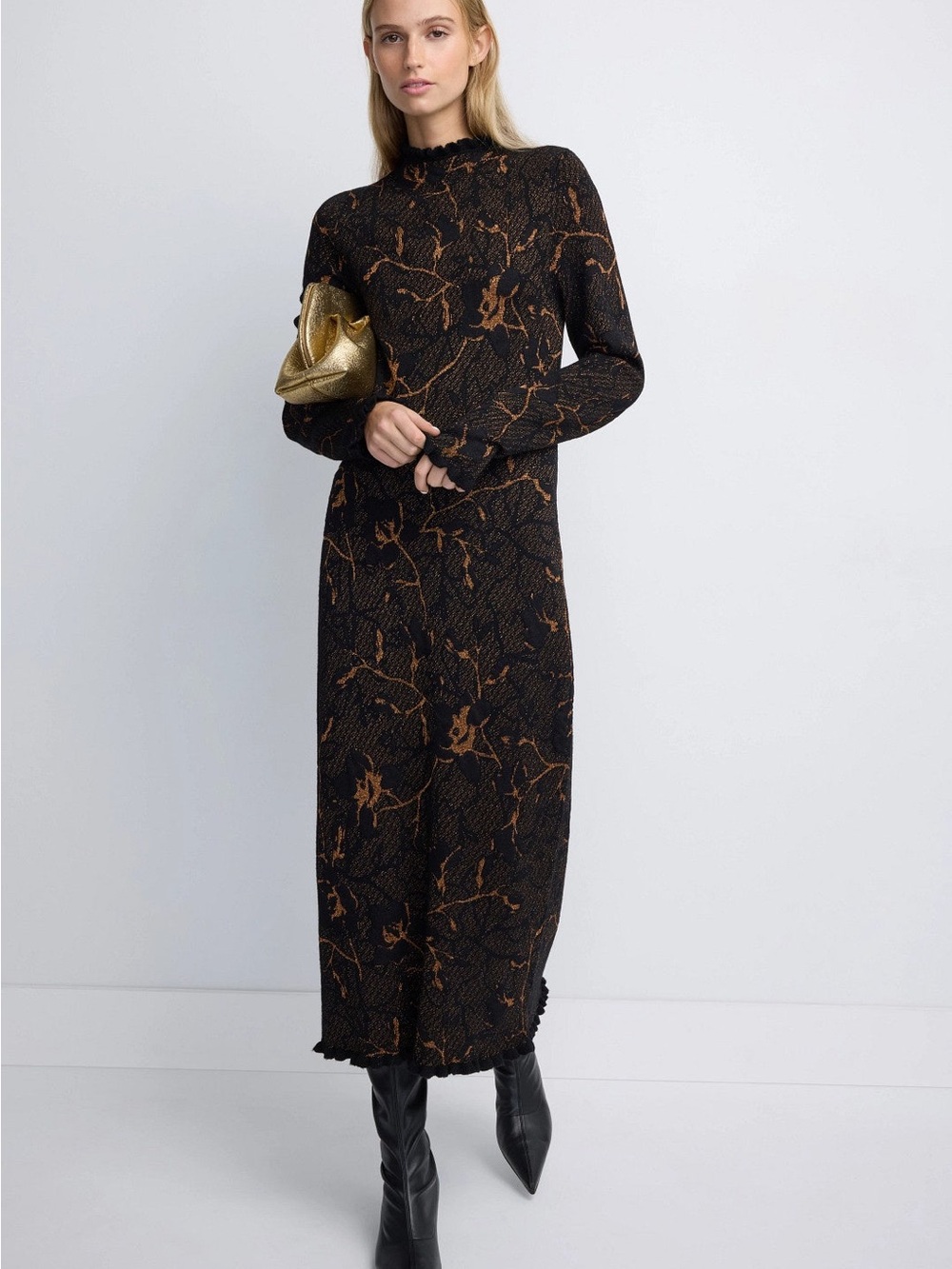 Marie Oliver Black Maxi Dress with Brown Marbled Print